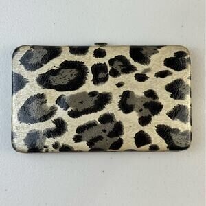 Lodis Patent Leather Black/Gray Leopard Print Silver Framed Clutch Wallet